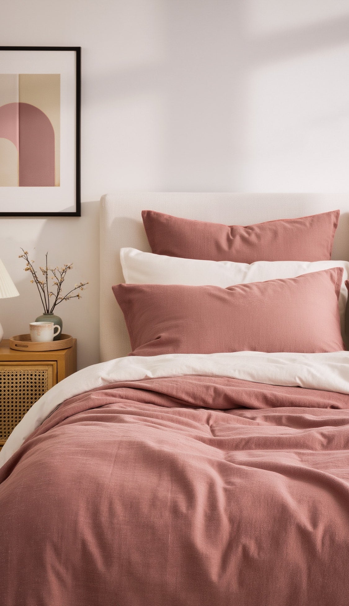 Bed with pink bedding and pillows in a bedroom setting.
