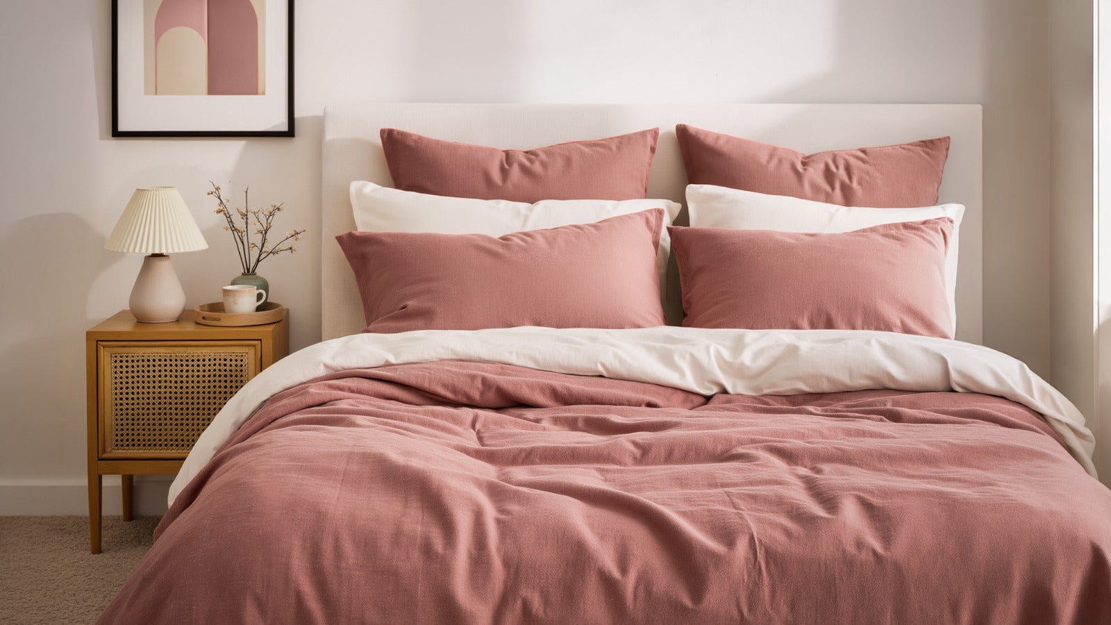 Bed with pink bedding and pillows in a bedroom setting.