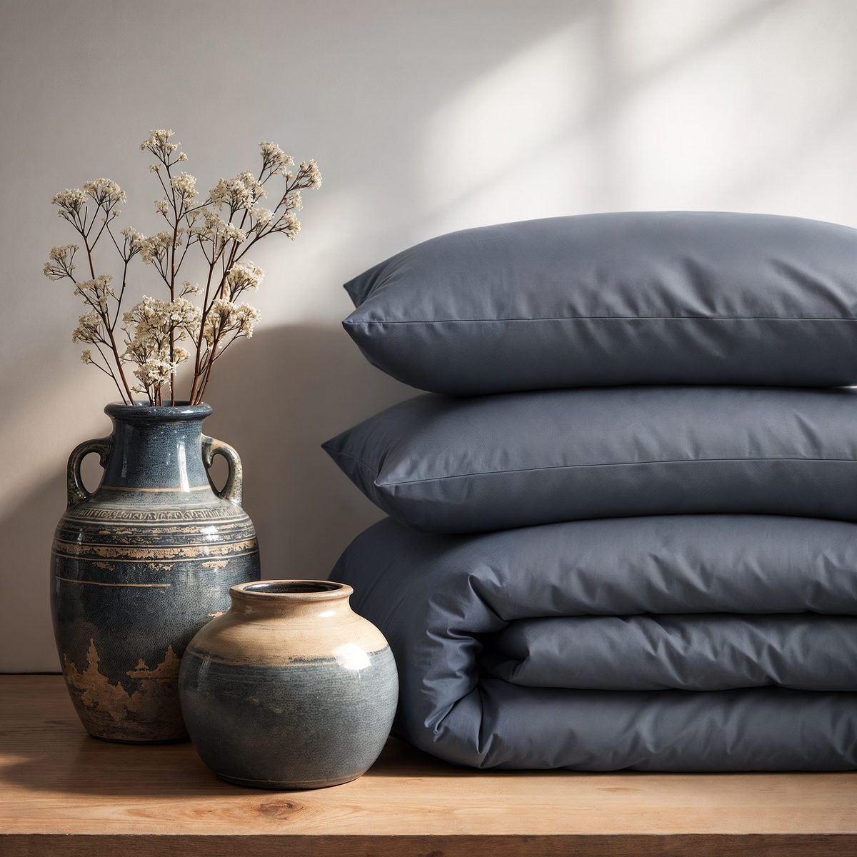 Cuddledown cotton sateen duvet cover and pillowcases in Denim, folded and stacked beside ceramic vases and dried flowers