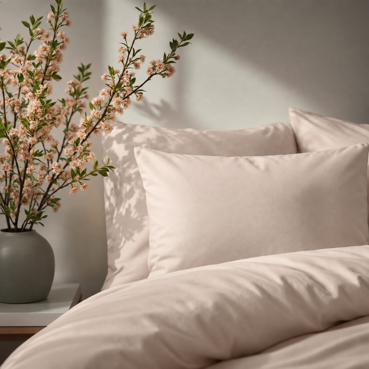 Cuddledown cotton sateen pillowcases and duvet cover in Sand beside a vase of pink blossom
