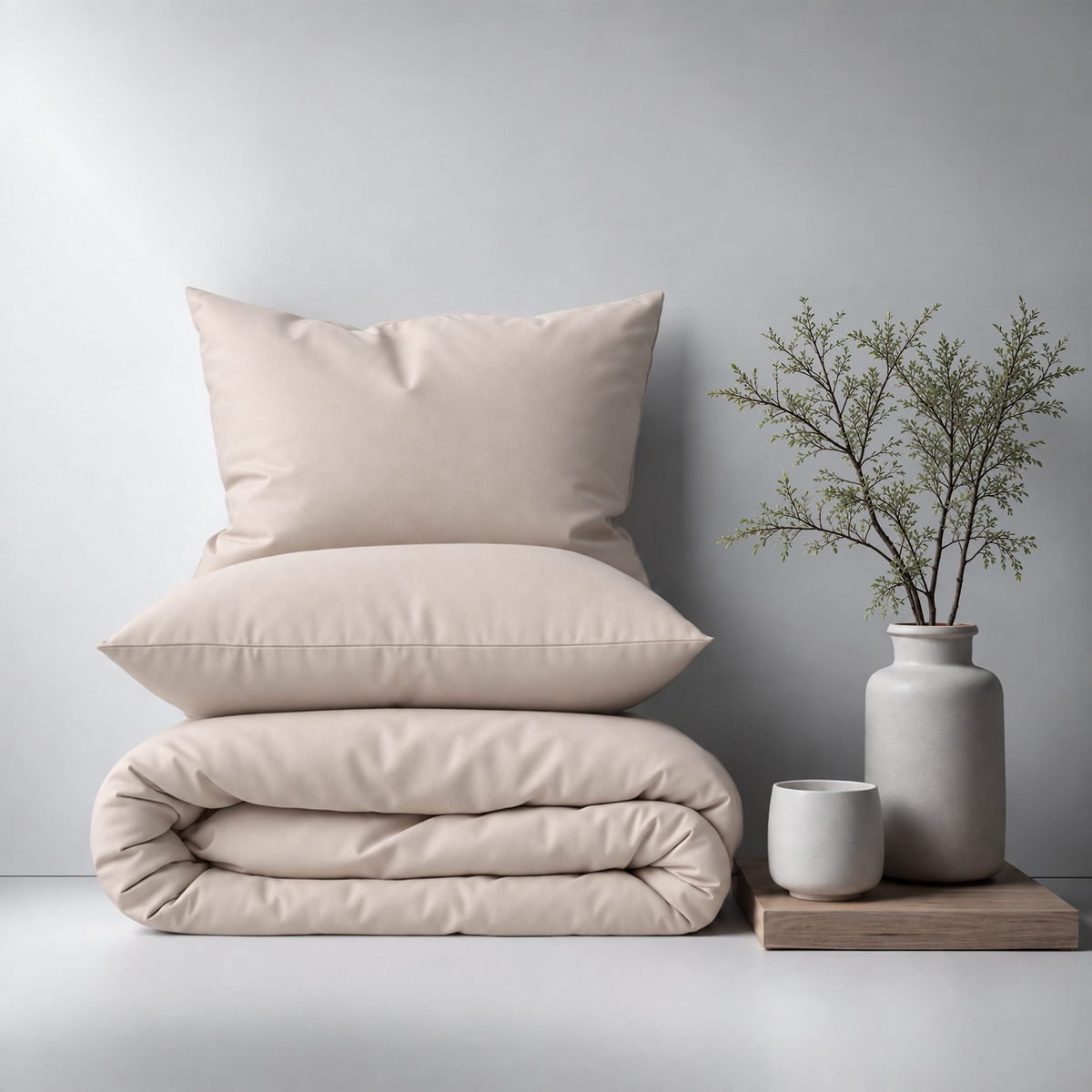 Cuddledown cotton sateen duvet cover and pillowcase in Sand, folded and stacked beside a vase of branches