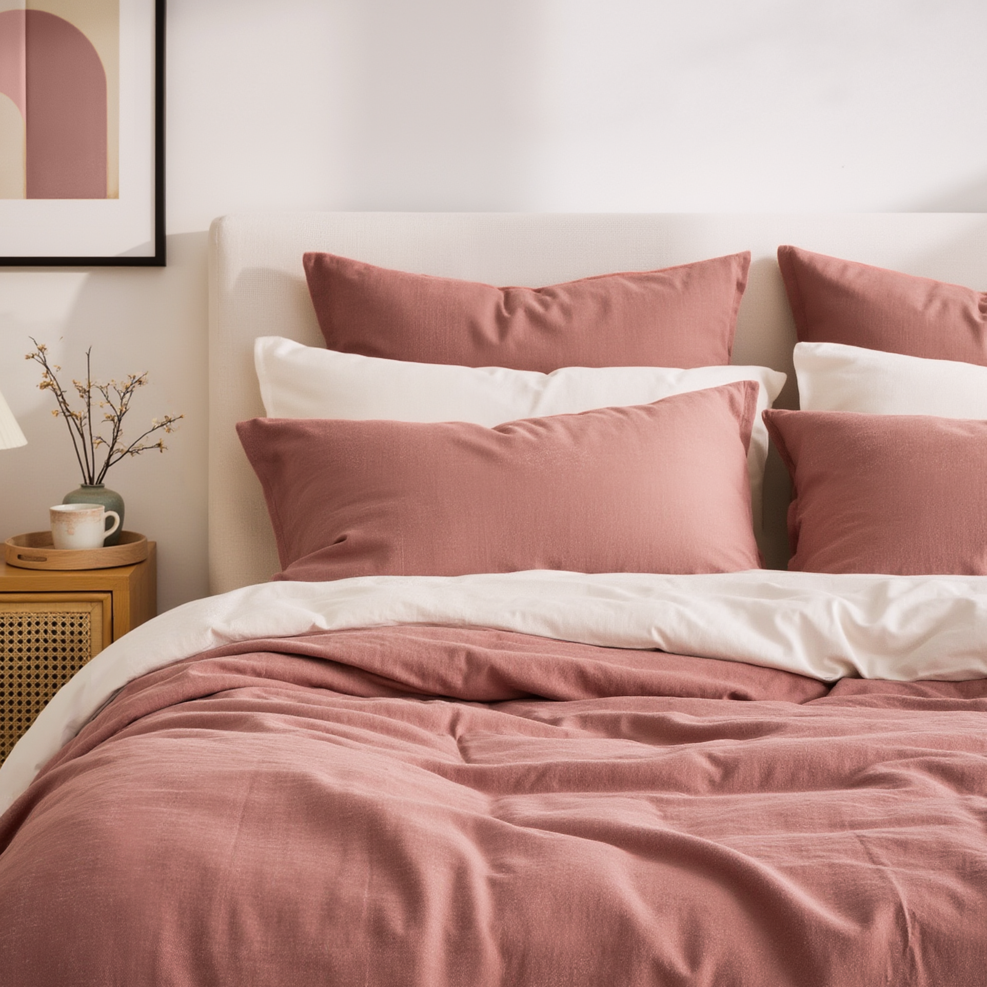 Bed with pink bedding and pillows in a bedroom setting.